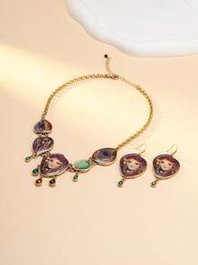 1pc Necklace + 1 Pair Earrings, Featuring The Mysterious Oriental Design And Energetic European & American Fashion. The Necklace Is Designed With Artistic Portrait Engravings, Peacock Feathers, Colorful Glass Beads, And Gemstone Tassels. The Earrings Recreate The Same Luxurious Middle Eastern Palace Style And Unique Street Personalized.
