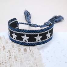 1 pieza Brazalete bohemio hecho a mano con decoración de estrella, borlas trenzadas, estilo casual adecuado para amigos, familiares, estudiantes, regalos festivos, fiestas, uso de viaje