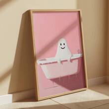 1 pièce de canevas d'art de salle de bain sans cadre avec des fantômes mignons, impression de canevas d'Halloween rose amusante, décoration murale d'Halloween rose effrayante, décoration d'Halloween vintage amusante (cadre en option)