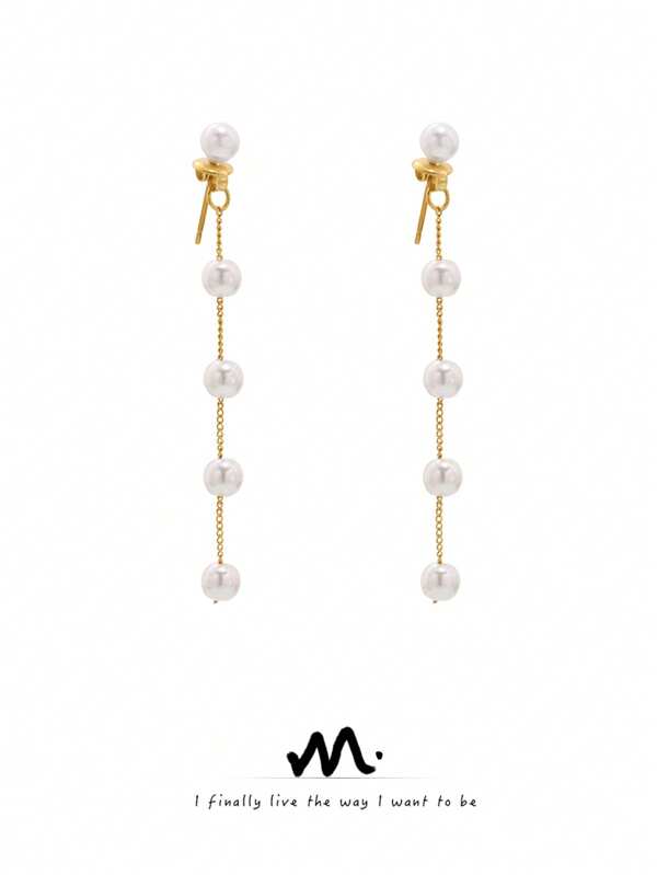MiDuoDuo 2pcs MiDuoDuo Lustrous Simulated Pearl Earrings, Long Tassel Elegant Style For Round Face, Slimming Effect Women Ear Line Earrings