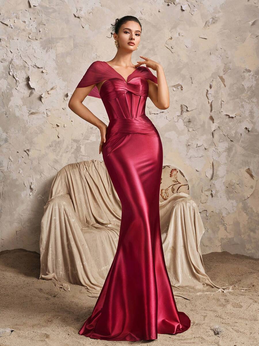 Vintage Muse Göttin Off-Shoulder Mesh-Ärmel Satin Meerjungfrau tailliertes Luxus sexy Weihnachtsparty Maxikleid, Brautjungfernkleid - Bordeaux - Übersicht 1