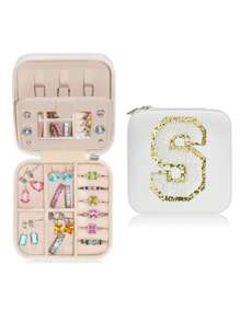 1pc Portable Travel Jewelry Box, Custom Lettered (A-Z) Organizer, Multi-Layer Jewelry Case With Mirror And Makeup Brush Holder, Suitable For Rings, Necklaces For Women Storage Organizer Travel Essentials Back To School Dormitory Storage
