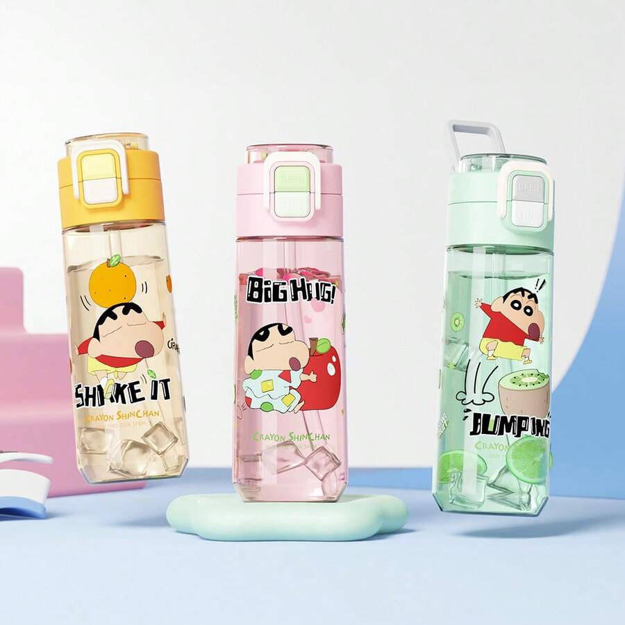 Miniso 1pc Crayon Shin-Chan Themed Dual Drink Tumbler, 560ml/18.94oz Water Bottle, Easy To Disassemble And Clean, Convenient For Travel And Outdoor Activities Or Office Use - Pink - View 1