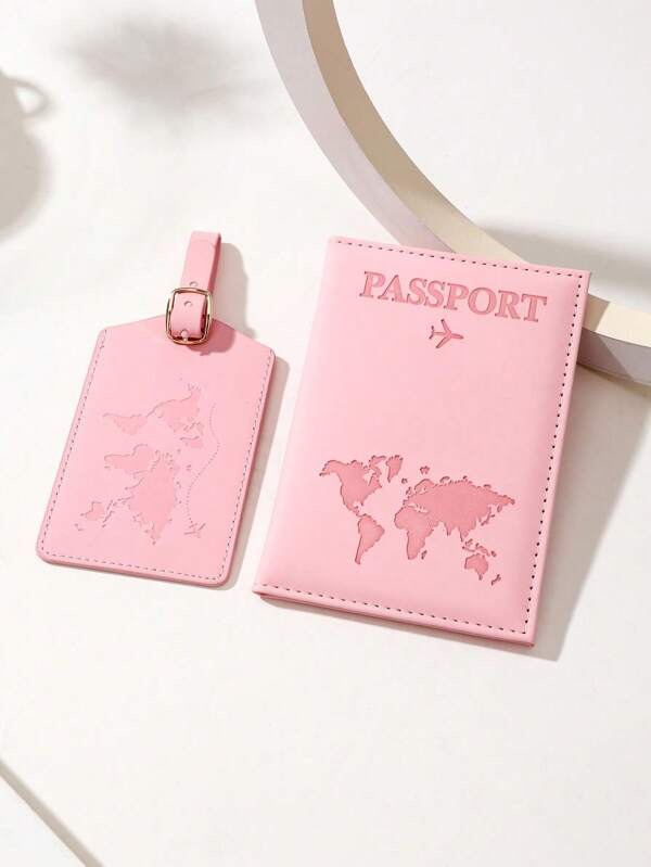 1set Outdoor Travel & Cross-Border Trip Anti-Lost Map Pattern Luggage Tag & Passport Holder Set, Printed Pu Craft Travel Essential Travel Stuff Travel Organiser Travel Items Travel Wallet Passport Holder Passport Wallet Beach Vacation Bag Summer Christmas Vacation