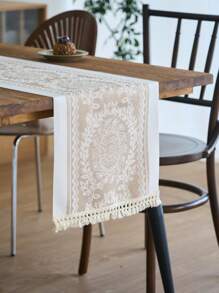 1 Stück Tischläufer im Boho-Stil, beige Blumenstickerei, selbstgemachte Küchen- und Esszimmer-Dekoration, rechteckig mit Quasten, geeignet für Feiertage, Geburtstage, Hochzeiten, Heimdekoration, Fotohintergrund