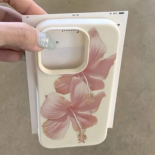 1pc White Pebbled Texture Simple Lens Protection Cover With Lovely Orchid Flower Pattern Phone Case, Suitable For IPhone 16 Pro Max, 15/14 Plus, 13, 12, 11