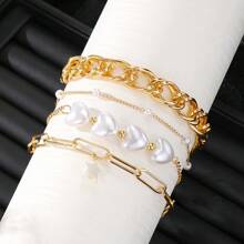 Set de 4 piezas de pulseras de mujer con encantos de corazón y estrella, acento de perla sintética, cadena gruesa de eslabones - Joyería de aleación versátil y elegante para fiestas, de múltiples capas