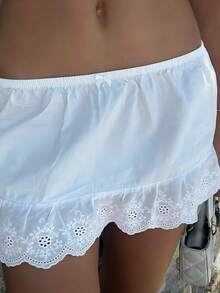 White Floral Eyelet Mini Skirt Women A-Line High Waisted Skirt Boho Embroidered Cotton Bottoms Sexy Festival Outfits Casual Party For Autumn - trắng - Xem 2