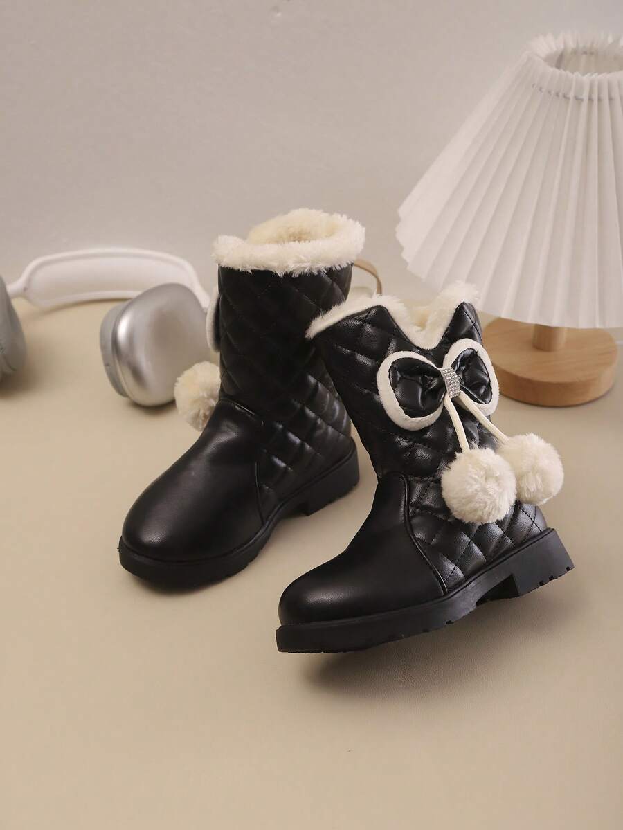 Mädchen Hohe Stiefel für Herbst/Winter, Neues Design mit warmem Plüsch, Schleifen-Dekor, Strass, modisch elegant minimalistisch, dick und warm, Schul-Stil