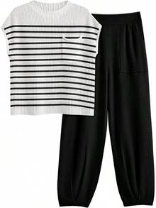 2 Piece Knit Sets Women Sweatsuit Sets - Stripes Black - View 1