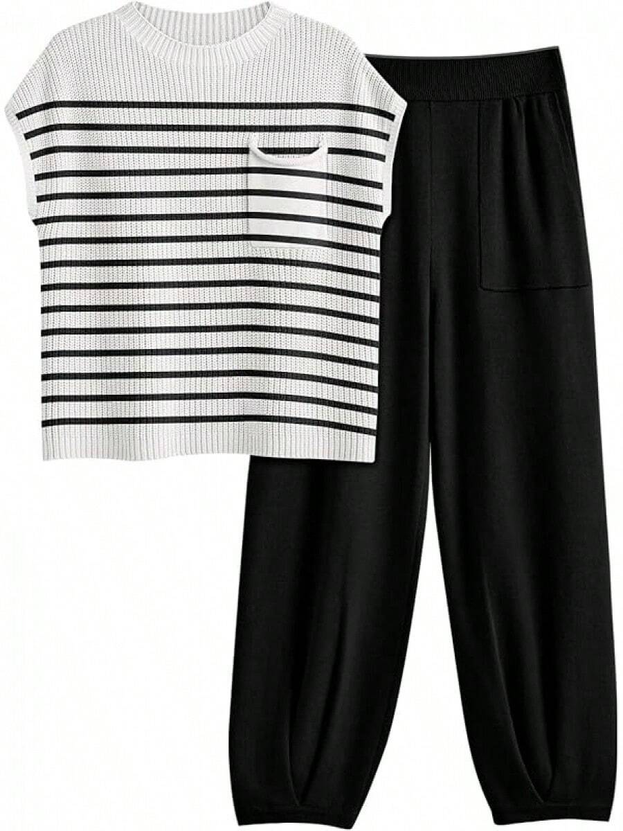 2 Piece Knit Sets Women Sweatsuit Sets - Stripes Black - View 1
