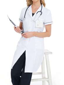 女式短袖翻领撞色腰部可调节瘦身口袋手术服护士制服套装，适用于牙医保健、宠物医院、实验室的工作服