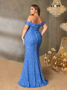 Faeriesty Đầm dạ hội cỡ lớn dành cho nữ, kiểu dáng đuôi cá, hở vai, đính sequin lấp lánh, thanh lịch, xẻ cao - Thích hợp cho các sự kiện thảm đỏ, đám cưới sang trọng, tiệc tùng lộng lẫy và các dịp trang trọng, trang phục nghỉ hè. - Màu xanh lam - Xem 3