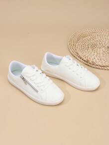 1 Pair Kids PU Leather Lace-Up Side Zipper Classic Student Shoes, Thick Sole Non-Slip Wear-Resistant Comfortable Soft Bottom Casual Sports Sneakers, Suitable For All Seasons