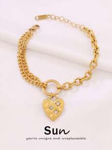 1 pièce Bracelet pendant cœur en acier inoxydable pour femmes, design de mode avec charms en zircone, chaîne de bracelet étanche, bijoux