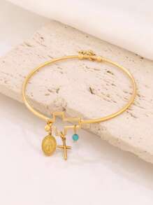 1 pieza Pulsera de acero inoxidable con colgante de Virgen María, pulsera abierta con dijes de cruz turquesa, joyería