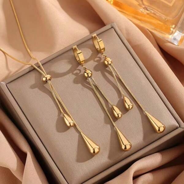 Conjunto de Colar e Brincos com Gota de Água Ajustável em Aço Inoxidável, Conjunto de Joias de Moda Feminina, Presente de Festa