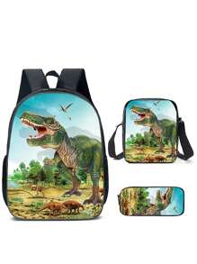 Juego de 3 mochilas escolares para niños y niñas, mochila con diseño de dinosaurio para estudiantes de escuela primaria, secundaria y preparatoria, con gran capacidad de 16 pulgadas, incluye bolsa para el hombro y estuche para lápices