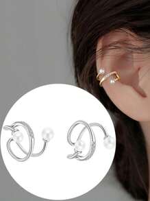 1 Pair Minimalist Fashionable Dual-Layer Zirconia Pearl Clip-On Earrings, Geometric Ear Cuff Non-Pierced High-End Design, Versatile Elegant Style Earrings For Women, Suitable For Everyday Wear, Summer And Beach
