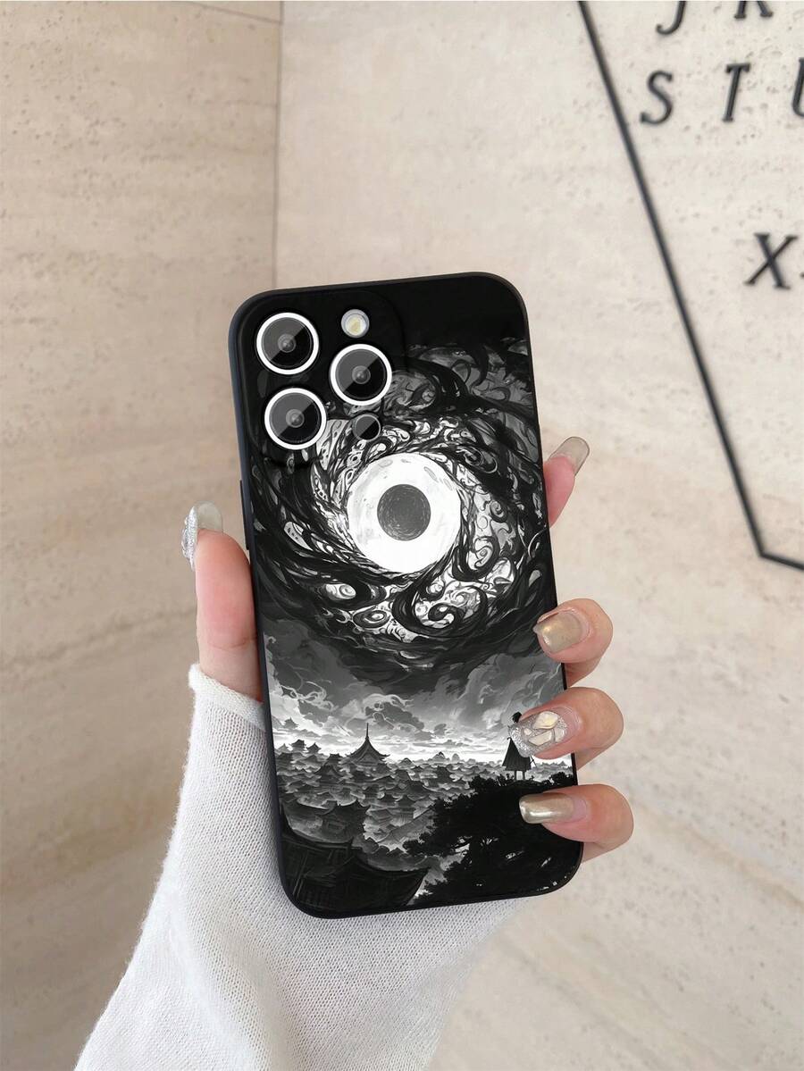 1 件高端黑色漩涡月亮风景图案磨砂防震相机保护标准手机壳，适用于 16/16e、Redmi、Infinix、Vivo
