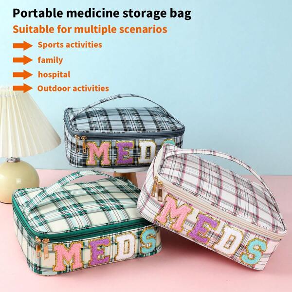 Classic Plaid First Aid Supplies Storage Bag, With Creative "MEDS" Patch Design Handbag, Large Capacity Portable Medicine Box, Multi-Function First Aid Bag, Suitable For Home And Travel Essentials, Household Organization Storage Box, Basket, Bin And Container