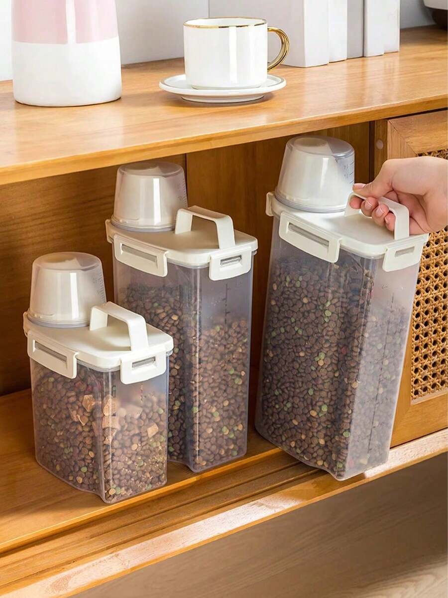 1pc Pet Food Container, Cat Food Storage Canister, 3000ml/2500ml/1750ml Storage Jar For Storing Cat Or Dog Food, Airtight Lid With Measurement Scale, Convenient For Providing Pet Food, Mainly To Prevent Pet Food From Getting Damp And Pets From Stealing Food, Home Pet Food Sorting And Storage Box - White - View 1