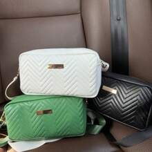 Bolso pequeño cuadrado con diseño acolchado de patrón de ondas sólido simple, correa ajustable para cruzar al hombro o llevar debajo del brazo, bolso de mano versátil, ligero y de moda para mujeres