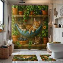 1/4 Stück Bequemes Badezimmer-Set im Katzenmotiv, bestehend aus Duschvorhang, Badematte, U-förmiger Toilettenvorlage, Toilettendeckel-Abdeckung, wasserdichter Duschvorhang, dekorativer Vorhang, moderne Badezimmer-Teilungsvorhang, ohne Bohren, aus Polyester, maschinenwäschbar, Schulanfang