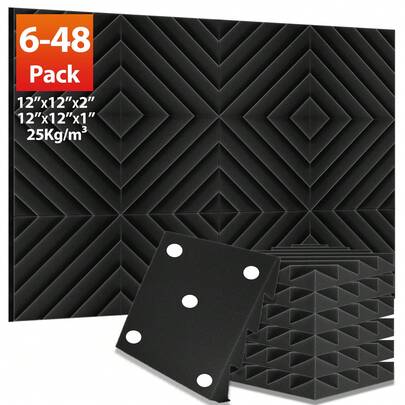 TOUO Acoustic Foam, 6-48 Pcs, 12"X12"X2"/1", Sound Absorbing Panels, Suitable For Recording Studio, Drum Room, Office - 8 Colors, High Density Noise Reduction Soundproof Wall Tiles