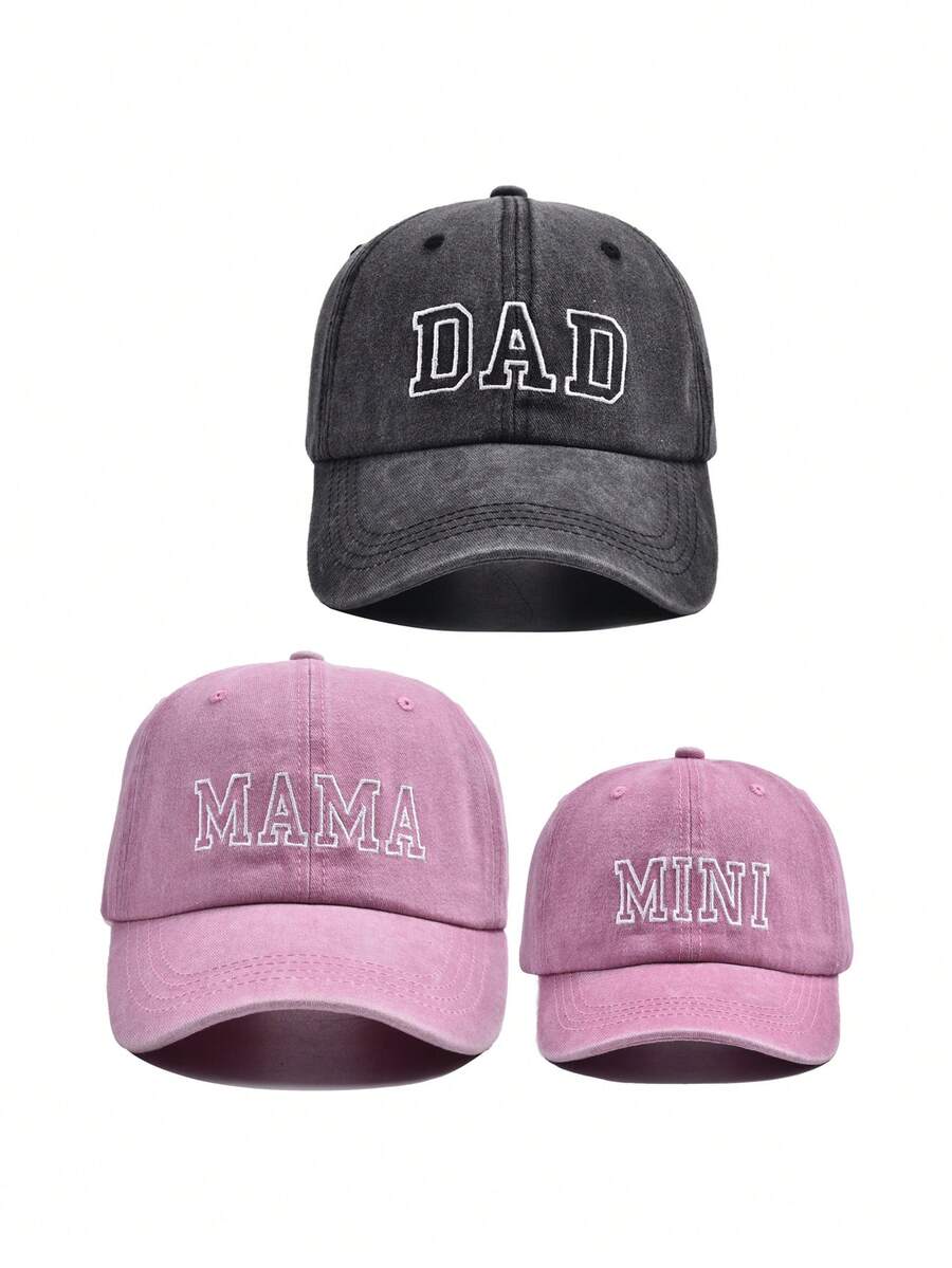 3 件套爸爸、妈妈和宝宝配套刺绣字母“DAD MAMA MINI”棒球帽,适合家庭、母亲节、父亲节、儿童节的礼物 - 黑粉三件套 - 查看 1