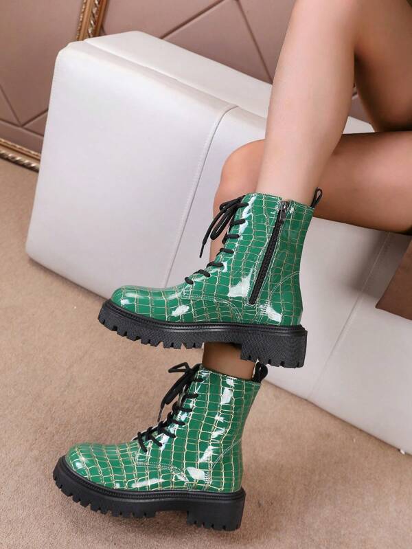 2025 New Fashion Retro Round Toe Boots For Women, Simple Chic Daily Versatile Chunky Heel Ankle Boots, Ins- Network Celebrity Style, Faux Alligator Leather Design, Foot-Friendly, Comfortable For Travel & Vacation, Suitable For Casual, Party, Street, Office Wear, Pairs Well With Pants, Dresses, Autumn/Winter Outfits, Down Jackets, Lengthens Legs & Slims Silhouette