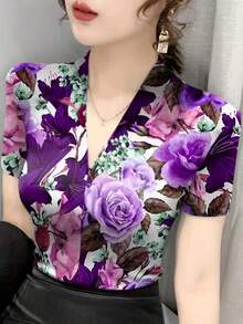 V领短袖T恤，时尚优雅丝滑修身印花吊带背心，女士夏季休闲度假装 - 紫色 - 查看 1
