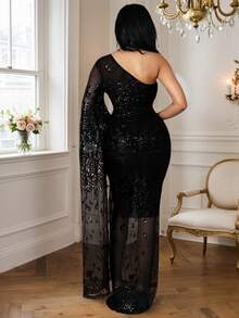 Elegant Women's Long Asymmetrical Neck Sequin Mermaid Party Dress With Extra-Long Sleeve Perfect For Formal Evenings And Special Occasions,Sequin Dress,Formal Ball Gowns For Women,Long Party Dresses,Christmas Dress ,Autumn,Winter,Halloween Costumes,New Year Clothes