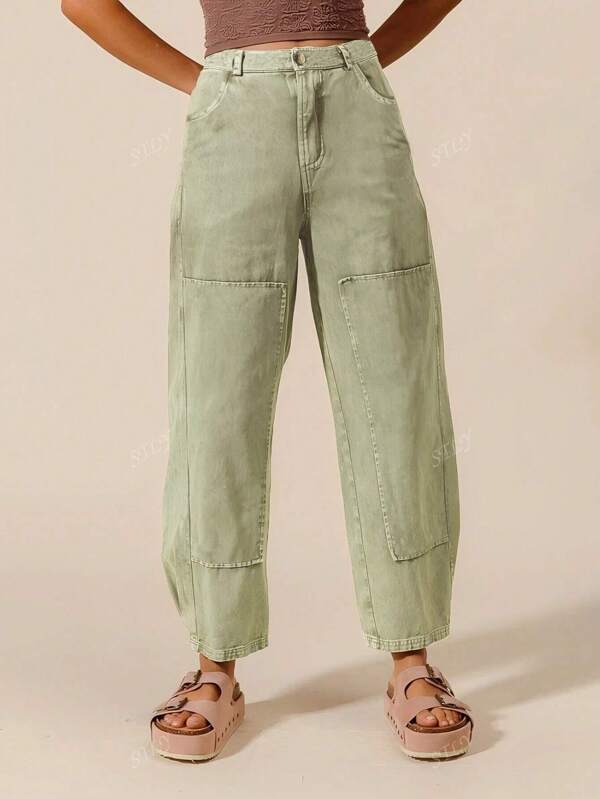 Women's Loose Mid-Low Waist Jeans With Comfortable Half Elastic Waist Design, Personalized And Versatile, Hides Fat And Trims Figure, Mori Style College Workwear, Sweet And Can Be Worn All Year Round, Fashionable Avocado Green Washed Denim Trousers