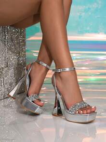 Women's Thick Platform Square Toe Silver Rhinestone Decorated Glamorous Party High Heel Sandals, Suitable For Going Out - Silver - View 3