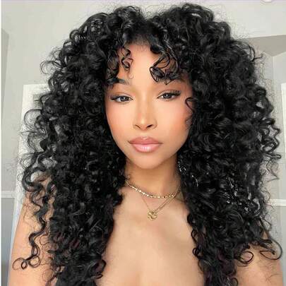 带刘海的卷曲假发全机器制造 200% 密度非洲原始巴西长卷发波浪真人发假发自然色 8-30 英寸