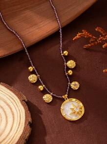 Colar de contas octogonais cravejadas de diamantes roxos, com tecnologia de gotejamento de óleo, banhado a ouro 18k, à prova d'água e de suor. Adequado para férias de verão na praia, atividades ao ar livre, passeios de fim de ano e joias femininas.