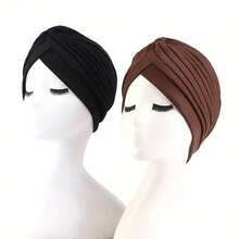 纯色头巾帽 - 褶皱头巾，弹性额头交叉化疗帽，女士休闲头巾