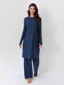 VFJ 女士穆斯林泳装两件套，全身防晒服，伊斯兰布基尼泳衣，长款沙滩装 - 藏蓝色 - 查看 5