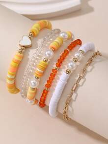 6pcs/Set Bohemian Holiday Style Starfish Polymer Clay Beaded Bracelet Set, Randomly Colored