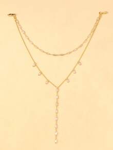 New Style Double-Layered Rhinestone Tassel Long Necklace, Y-Shaped Minimalist Body Chain For Women - Gold - View 7