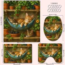 1/4 Stück Bequemes Badezimmer-Set im Katzenmotiv, bestehend aus Duschvorhang, Badematte, U-förmiger Toilettenvorlage, Toilettendeckel-Abdeckung, wasserdichter Duschvorhang, dekorativer Vorhang, moderne Badezimmer-Teilungsvorhang, ohne Bohren, aus Polyester, maschinenwäschbar, Schulanfang