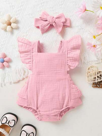 2pcs Set Casual Elegant Sweet Cute Baby Girl Bodysuit Dress, Soft & Comfortable, Ruffle Trim Solid Color Bodysuit & Headband Set