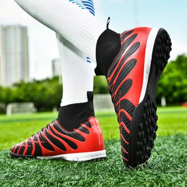 1 Pair High-Top Men's Soccer Shoes, Football Sports Shoes, Outdoor Sports Shoes, Soccer Cleats, Sports Style, Slip-Resistant And Durable, TF Short Spikes Design, PU Leather Upper, Vibrant Color Scheme, Rubber Outsole, Suitable For Professional Matches On Muddy And Short Grass Pitches, Sizes 35-45