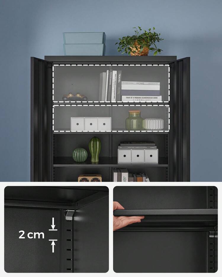 Meuble de Rangement Bureau, en Acier, Placard, 5 Niveaux, 40 x 60 x 180 / 40 x 80 x 180 cm, Doubles Portes, Serrure, Armoire à Outils, Étagères Réglables, pour Garage, Bureau, Noir Mat - Noir - Voir 8