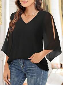 CheersLife Women Plus Size Ruffle 3/4 Sleeve V Neck Double Layers Mesh Blouses Loose Fit Flowy Tunic Tops