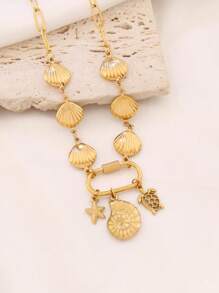 1 pièce Collier pendentif en acier inoxydable avec charme de conque, étoile de mer, tortue océanique et coquillage creux. Design mode. Collier chaîne pour femmes, bijoux