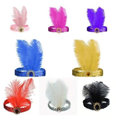 1/4 piezas Diadema de estilo Gatsby de los años 20 con plumas negras falsas y detalles dorados - Accesorio de pelo elegante de poliéster para bailes de máscaras, eventos con temática de los años 20 y moda vintage, Halloween