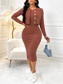 AIJ Amarilo Women 2 Pieces Set: Solid Color Button-Front Jacket And Solid Color Backless Bodycon Dress Summer Spring - Reddish Orange - View 4