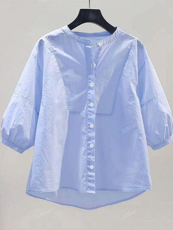 Women's Solid Color Lantern Sleeve Loose Fit Casual Blouse, New Design